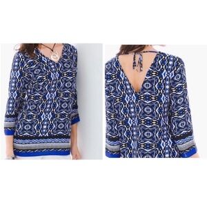 Chico’s Geometric Print Top Tunic Top Career Blouse Size Small Blue Black
